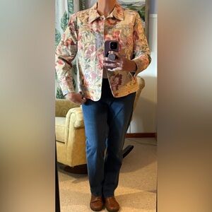 Coldwater Creek Multicolor Floral Cotton Twill Jacket w Crochet Embellishment